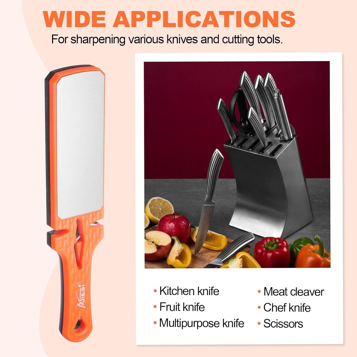 400/1000 Grit Handheld Diamond Sharpening Stone Double-Sided Whetstone 5-In-1 Sharpener Tool with Ceramic and Tungsten Steel Scissor Slot for Kitchen, Black Red