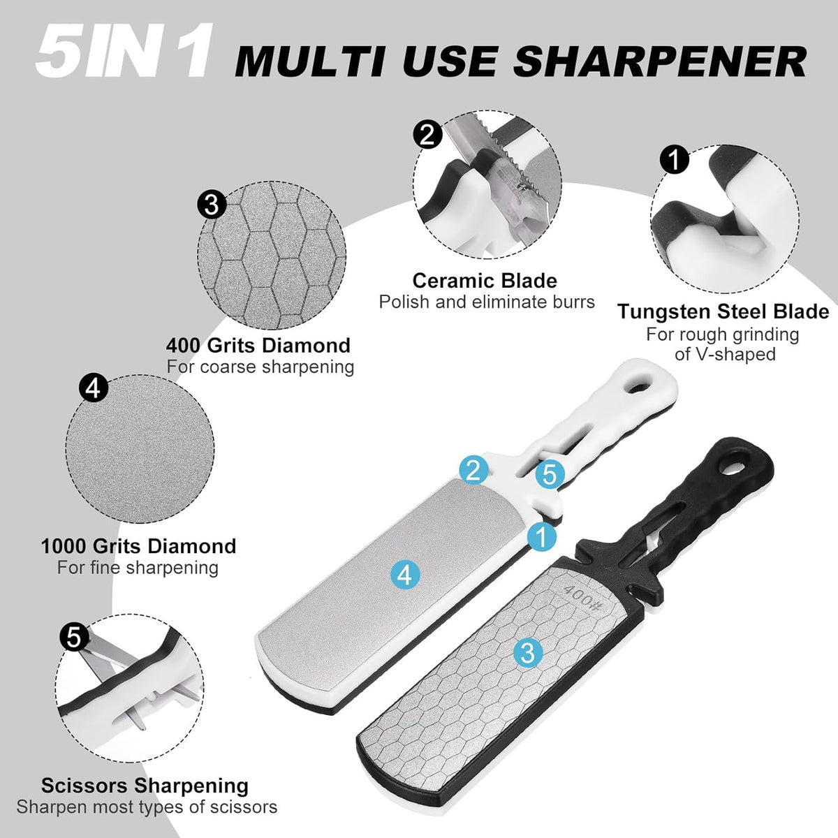 400/1000 Grit Handheld Diamond Sharpening Stone Double-Sided Whetstone 5-In-1 Sharpener Tool with Ceramic and Tungsten Steel Scissor Slot for Kitchen, Black Red