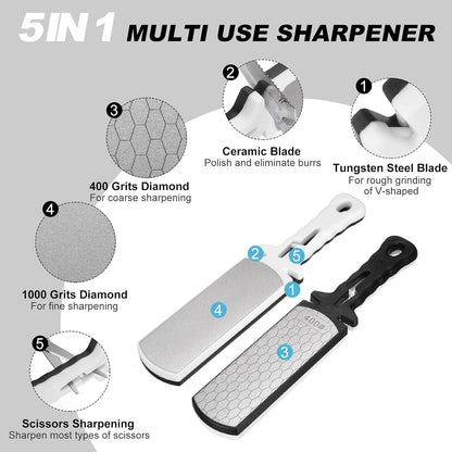 400/1000 Grit Handheld Diamond Sharpening Stone Double-Sided Whetstone 5-In-1 Sharpener Tool with Ceramic and Tungsten Steel Scissor Slot for Kitchen, Black Red