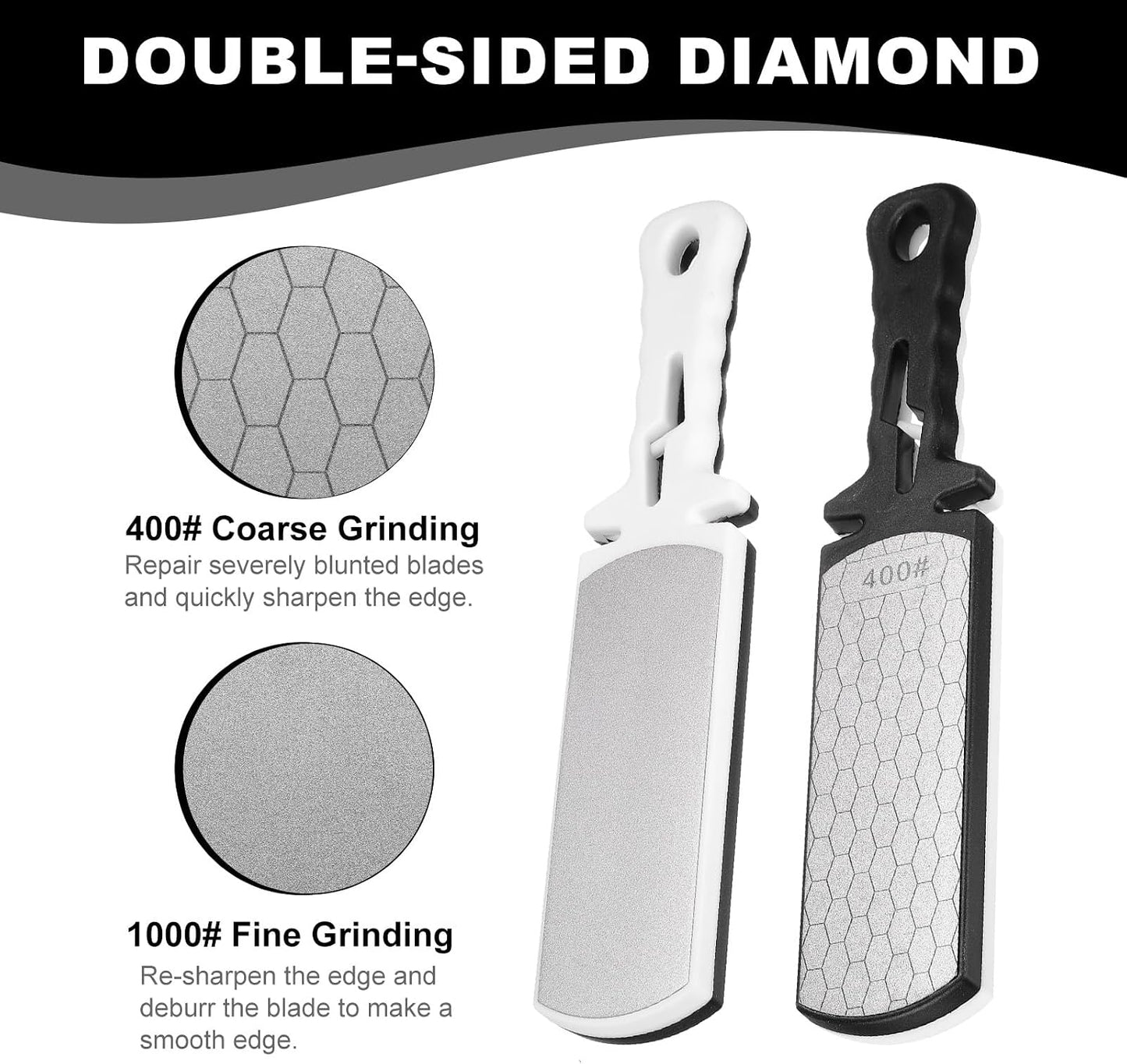 400/1000 Grit Handheld Diamond Sharpening Stone Double-Sided Whetstone 5-In-1 Sharpener Tool with Ceramic and Tungsten Steel Scissor Slot for Kitchen, Black Red