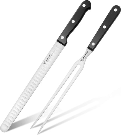 10 Inch Carving Knife and 9 Inch Fork Set – Razor Sharp Stainless Steel Blade with Full Tang Grip Handle, Granton Edge for Smoked Brisket, Turkey, BBQ Meat and Roast