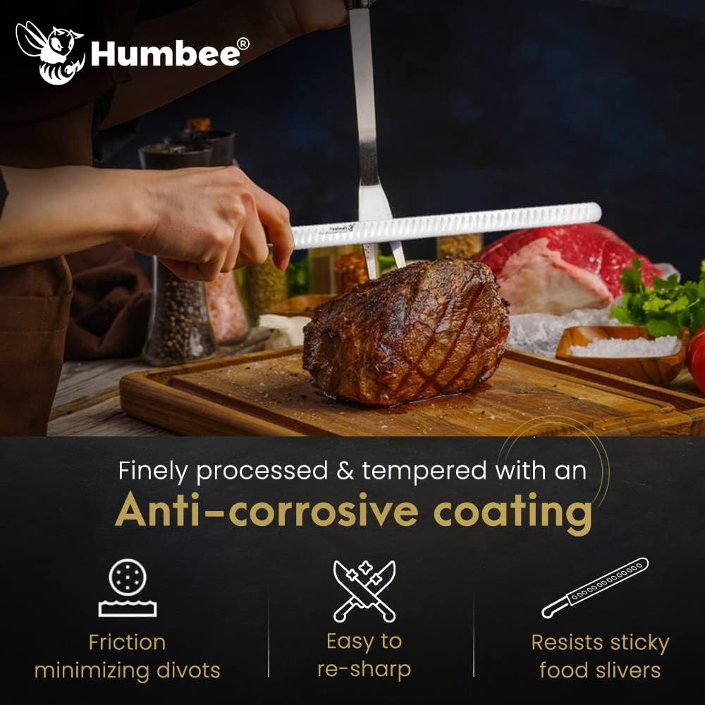 10 Inch Carving Knife and 9 Inch Fork Set – Razor Sharp Stainless Steel Blade with Full Tang Grip Handle, Granton Edge for Smoked Brisket, Turkey, BBQ Meat and Roast