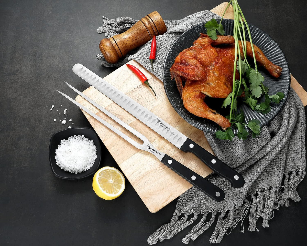 10 Inch Carving Knife and 9 Inch Fork Set – Razor Sharp Stainless Steel Blade with Full Tang Grip Handle, Granton Edge for Smoked Brisket, Turkey, BBQ Meat and Roast