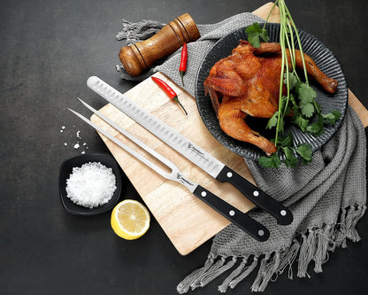 10 Inch Carving Knife and 9 Inch Fork Set – Razor Sharp Stainless Steel Blade with Full Tang Grip Handle, Granton Edge for Smoked Brisket, Turkey, BBQ Meat and Roast