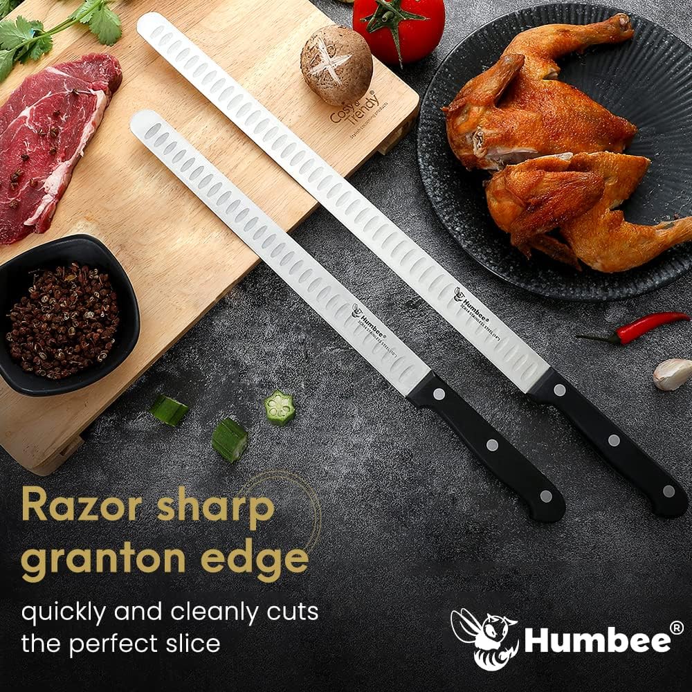 10 Inch Carving Knife and 9 Inch Fork Set – Razor Sharp Stainless Steel Blade with Full Tang Grip Handle, Granton Edge for Smoked Brisket, Turkey, BBQ Meat and Roast