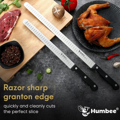 10 Inch Carving Knife and 9 Inch Fork Set – Razor Sharp Stainless Steel Blade with Full Tang Grip Handle, Granton Edge for Smoked Brisket, Turkey, BBQ Meat and Roast