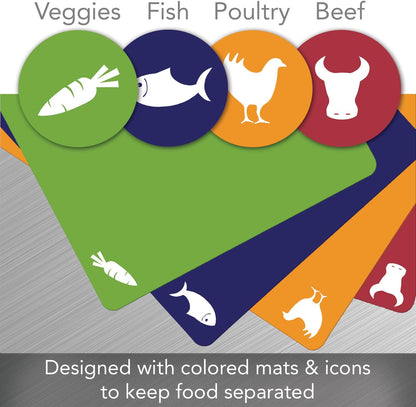 Cut N' Funnel Multi-Colored Flexible Plastic Cutting Board Mats 4 Pack Made in the USA Flexible, BPA Free, Dishwasher Safe