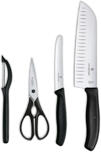 Swiss Classic 4 Piece Kitchen Set with Kitchen Knife, Paring Knife, Kitchen Shears and Universal Peeler (Black), Multiple