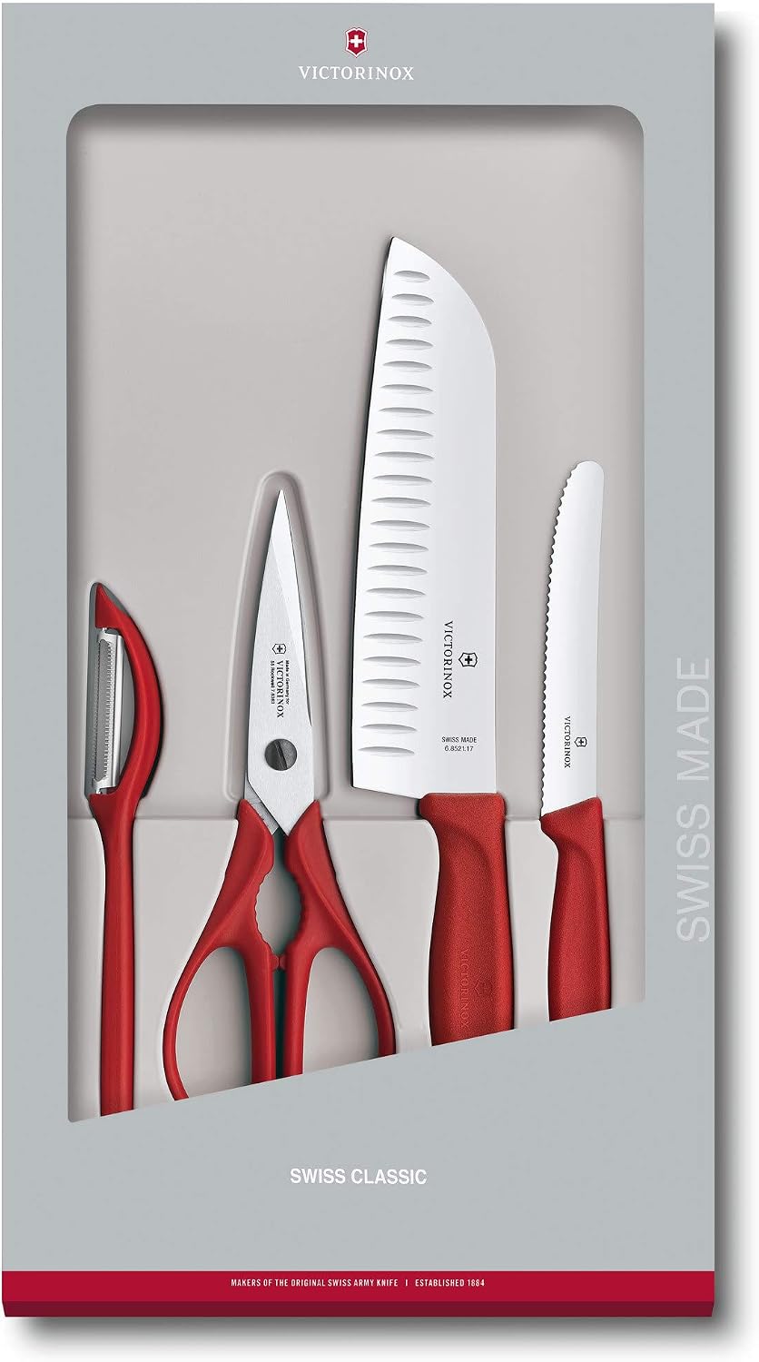 Swiss Classic 4 Piece Kitchen Set with Kitchen Knife, Paring Knife, Kitchen Shears and Universal Peeler (Black), Multiple