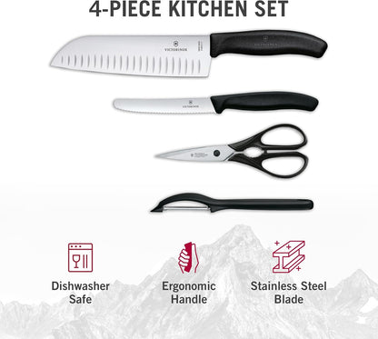 Swiss Classic 4 Piece Kitchen Set with Kitchen Knife, Paring Knife, Kitchen Shears and Universal Peeler (Black), Multiple