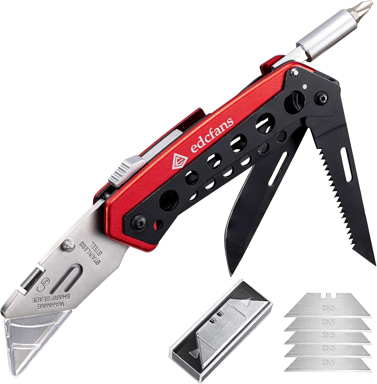 Folding Utility Knife Box Cutter with 5 Razor Blades, Pocket Utility Knives, Screwdriver, Saw, Lock Design, Clip and Holder for Belt, EDC Heavy Duty Work Knifes, Fathers Day Dad Gifts for Papa