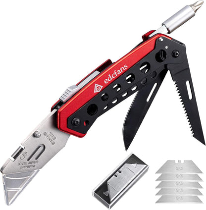 Folding Utility Knife Box Cutter with 5 Razor Blades, Pocket Utility Knives, Screwdriver, Saw, Lock Design, Clip and Holder for Belt, EDC Heavy Duty Work Knifes, Fathers Day Dad Gifts for Papa