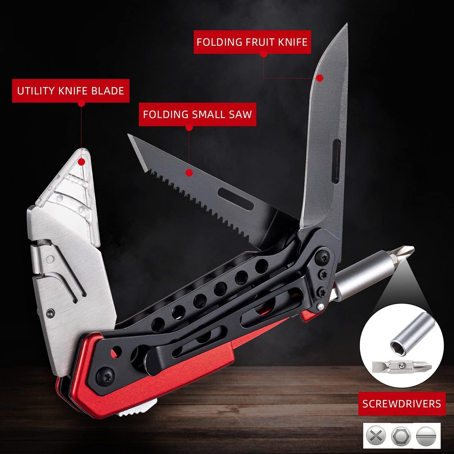Folding Utility Knife Box Cutter with 5 Razor Blades, Pocket Utility Knives, Screwdriver, Saw, Lock Design, Clip and Holder for Belt, EDC Heavy Duty Work Knifes, Fathers Day Dad Gifts for Papa