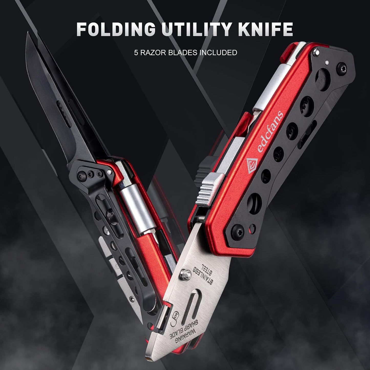 Folding Utility Knife Box Cutter with 5 Razor Blades, Pocket Utility Knives, Screwdriver, Saw, Lock Design, Clip and Holder for Belt, EDC Heavy Duty Work Knifes, Fathers Day Dad Gifts for Papa