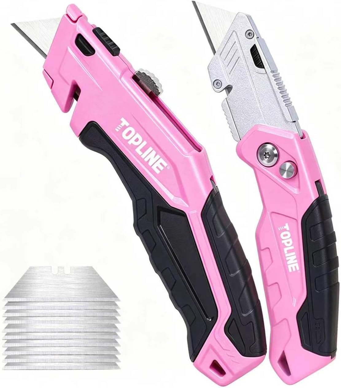 2-Pack Pink Utility Knife Set, Retractable Pink Box Cutter and Pocket Folding Utility Knife, Blade Storage Design, 18-Piece SK5 Blades and a Dispenser Included