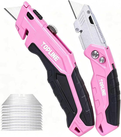 2-Pack Pink Utility Knife Set, Retractable Pink Box Cutter and Pocket Folding Utility Knife, Blade Storage Design, 18-Piece SK5 Blades and a Dispenser Included