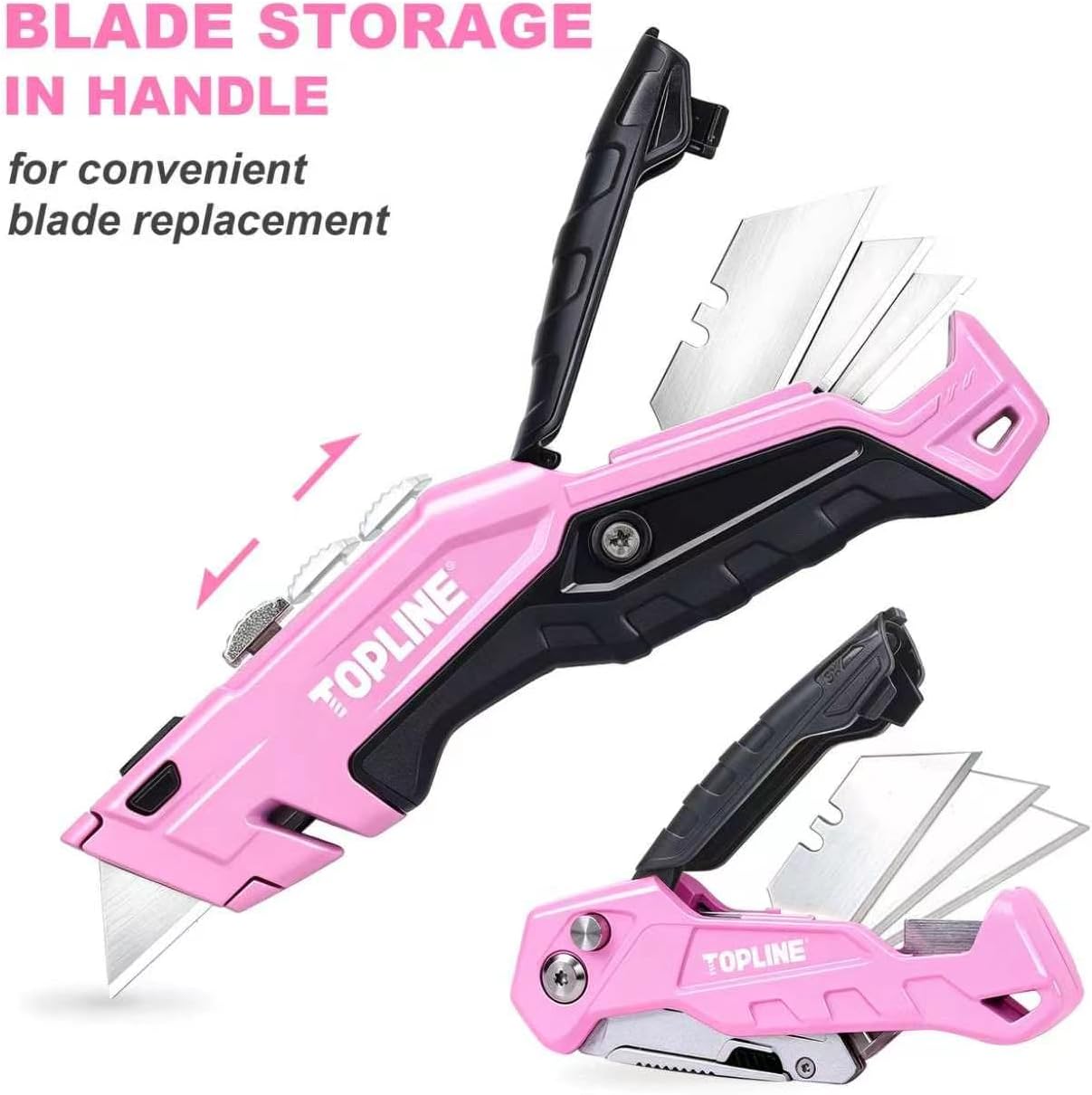 2-Pack Pink Utility Knife Set, Retractable Pink Box Cutter and Pocket Folding Utility Knife, Blade Storage Design, 18-Piece SK5 Blades and a Dispenser Included