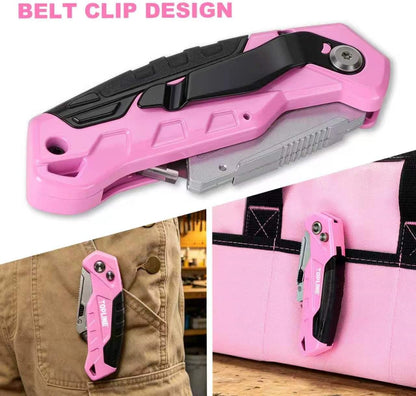 2-Pack Pink Utility Knife Set, Retractable Pink Box Cutter and Pocket Folding Utility Knife, Blade Storage Design, 18-Piece SK5 Blades and a Dispenser Included
