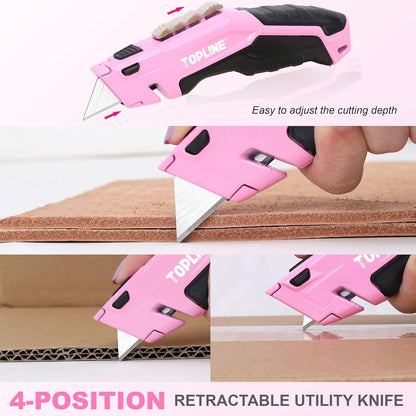 2-Pack Pink Utility Knife Set, Retractable Pink Box Cutter and Pocket Folding Utility Knife, Blade Storage Design, 18-Piece SK5 Blades and a Dispenser Included