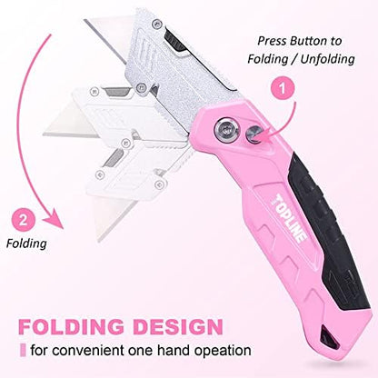 2-Pack Pink Utility Knife Set, Retractable Pink Box Cutter and Pocket Folding Utility Knife, Blade Storage Design, 18-Piece SK5 Blades and a Dispenser Included