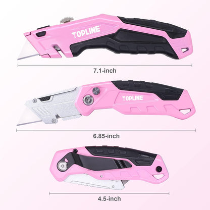 2-Pack Pink Utility Knife Set, Retractable Pink Box Cutter and Pocket Folding Utility Knife, Blade Storage Design, 18-Piece SK5 Blades and a Dispenser Included