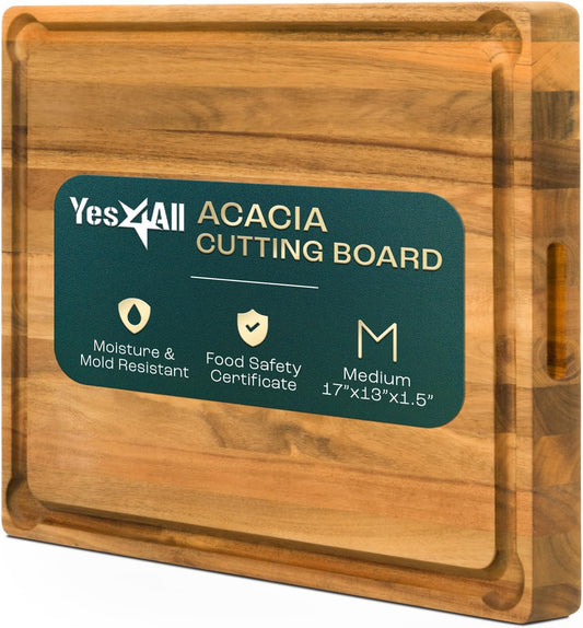 Durable Acacia Cutting Boards for Kitchen, [17''Lx13''Wx1.5” Thick] Medium Edge Grain Cutting Board, Pre Oiled Wood Cutting Boards, Thick Chopping Board w/Juice Grooves and Easy Grip Handle