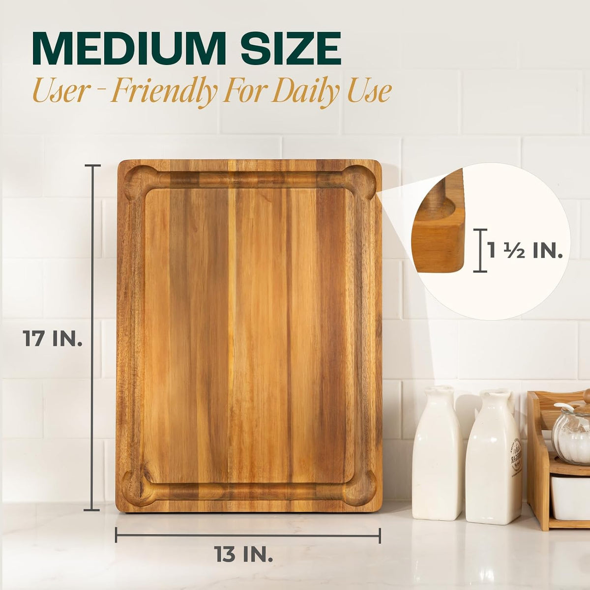 Durable Acacia Cutting Boards for Kitchen, [17''Lx13''Wx1.5” Thick] Medium Edge Grain Cutting Board, Pre Oiled Wood Cutting Boards, Thick Chopping Board w/Juice Grooves and Easy Grip Handle