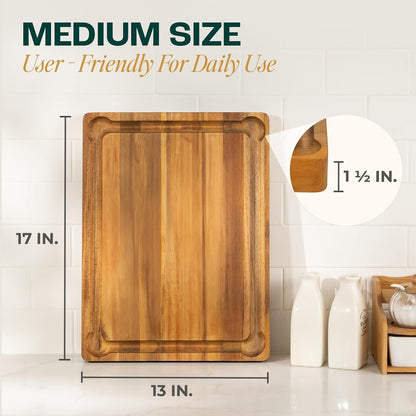 Durable Acacia Cutting Boards for Kitchen, [17''Lx13''Wx1.5” Thick] Medium Edge Grain Cutting Board, Pre Oiled Wood Cutting Boards, Thick Chopping Board w/Juice Grooves and Easy Grip Handle