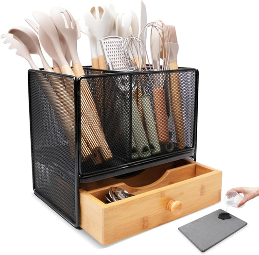 Kitchen Utensil Holder Countertop,Extra Large Utensil Organizer with Drawer | 2-Tier Utensil & Silverware Organizer for Kitchen Counter, Cooking Utensil Cutlery Caddy, Quick Dry Diatomite Base