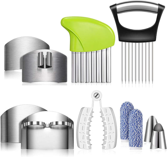 11 Pieces Finger Guard Set for Cutting Include 4 Stainless Steel Knife Cutting Protector 2 Thumb Guard Protector 2 Finger Cots Potato Butter Lettuce Crinkle Cutter Onion Holder Slicer Mandoline Slicer