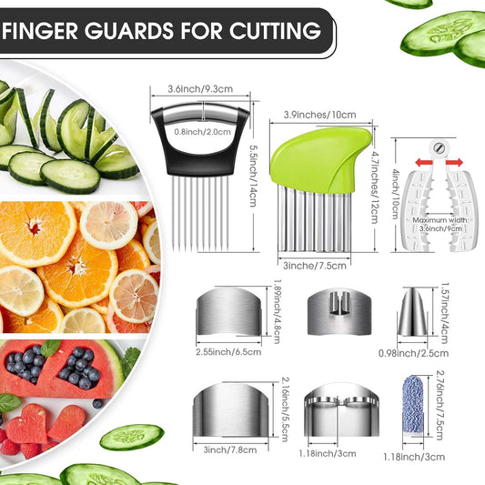 11 Pieces Finger Guard Set for Cutting Include 4 Stainless Steel Knife Cutting Protector 2 Thumb Guard Protector 2 Finger Cots Potato Butter Lettuce Crinkle Cutter Onion Holder Slicer Mandoline Slicer