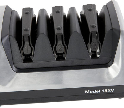 15XV Professional Electric Knife Sharpener with Durable Metal Housing & 100-Percent Diamond Abrasives and Precision Angle Guides for Straight Edge and Serrated Knives, 3-Stage, Metallic