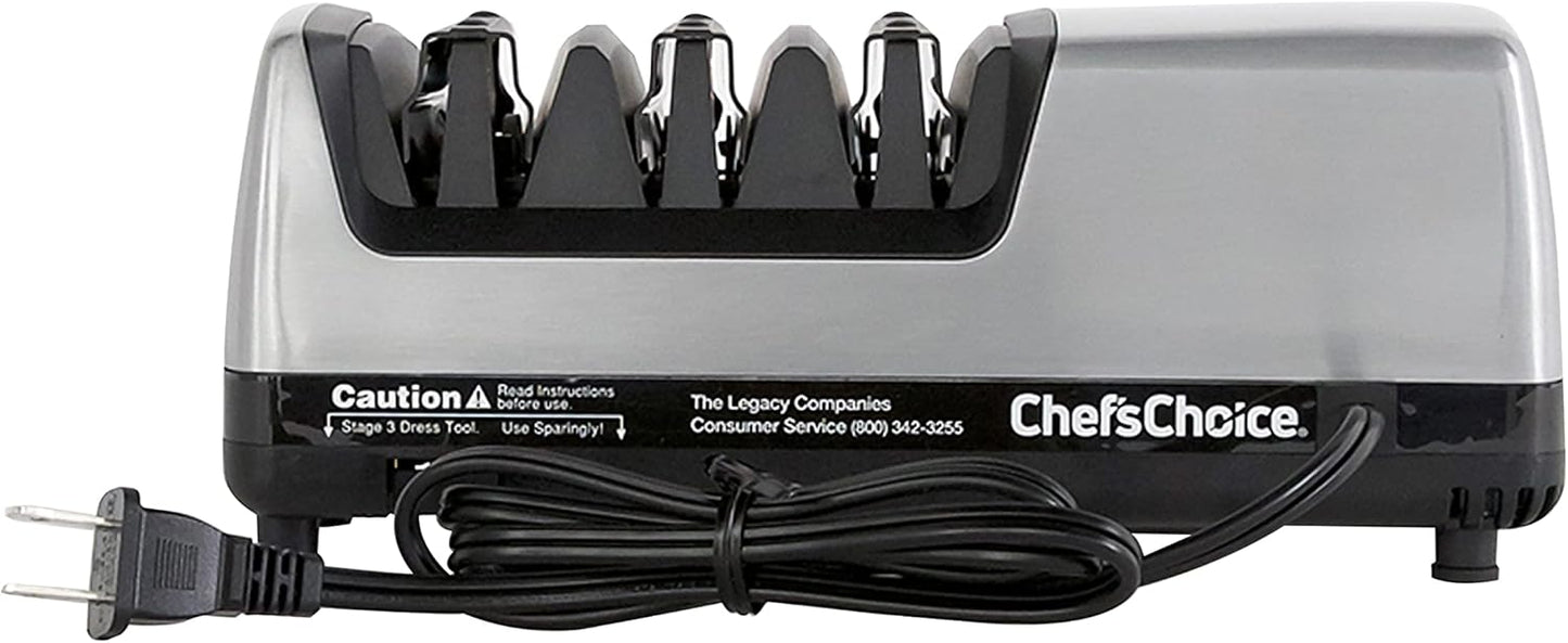 15XV Professional Electric Knife Sharpener with Durable Metal Housing & 100-Percent Diamond Abrasives and Precision Angle Guides for Straight Edge and Serrated Knives, 3-Stage, Metallic