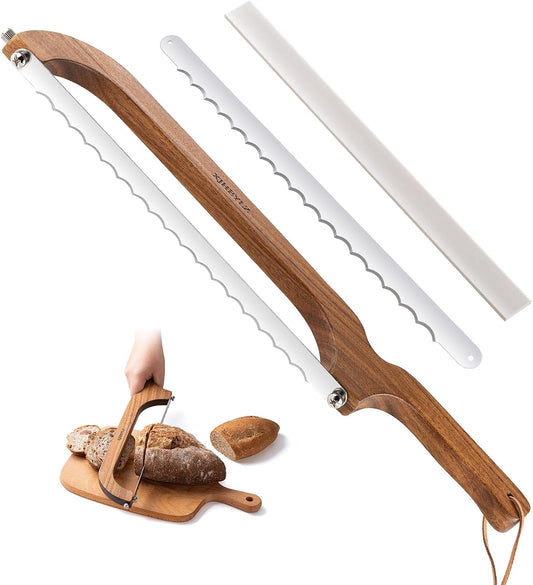 Sourdough bread knife,Bread Slicer for Homemade Bread(3, Red-brown) | Bread knife ,16"Sapele Wood Adjustable blade tightness for Even Slicing, Serrated knife,Wooden bread cutter with Bow Design