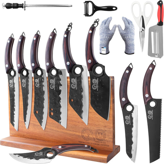 Knife Block Set, Full Tang Knives with Wood Magnetic Knife Block, Scissors, Honing Steel, Gloves, Peeler, Meat Boning Slicing Cooking Bread Vegetable Chef Kitchen Knives