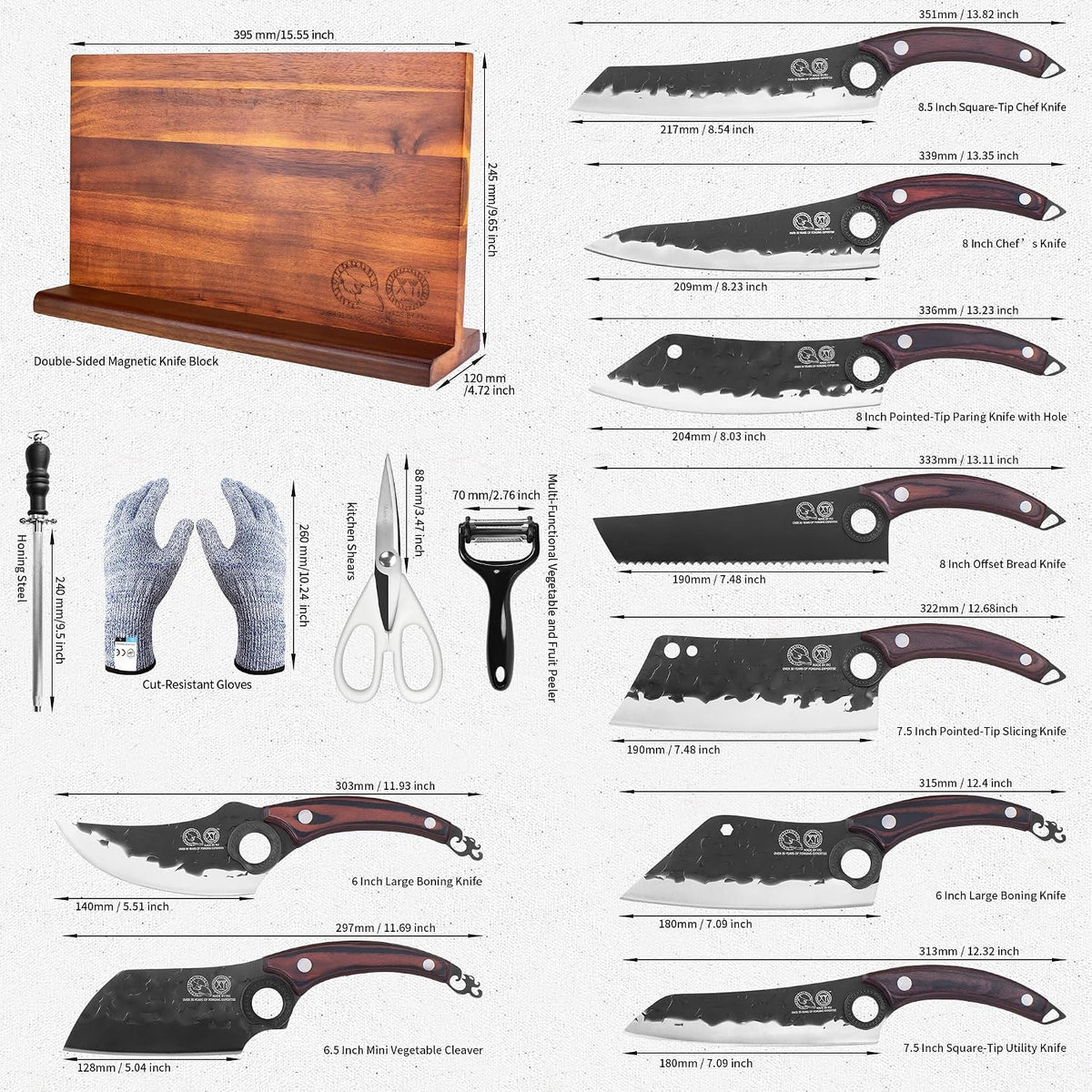 Knife Block Set, Full Tang Knives with Wood Magnetic Knife Block, Scissors, Honing Steel, Gloves, Peeler, Meat Boning Slicing Cooking Bread Vegetable Chef Kitchen Knives