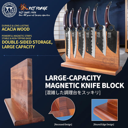Knife Block Set, Full Tang Knives with Wood Magnetic Knife Block, Scissors, Honing Steel, Gloves, Peeler, Meat Boning Slicing Cooking Bread Vegetable Chef Kitchen Knives