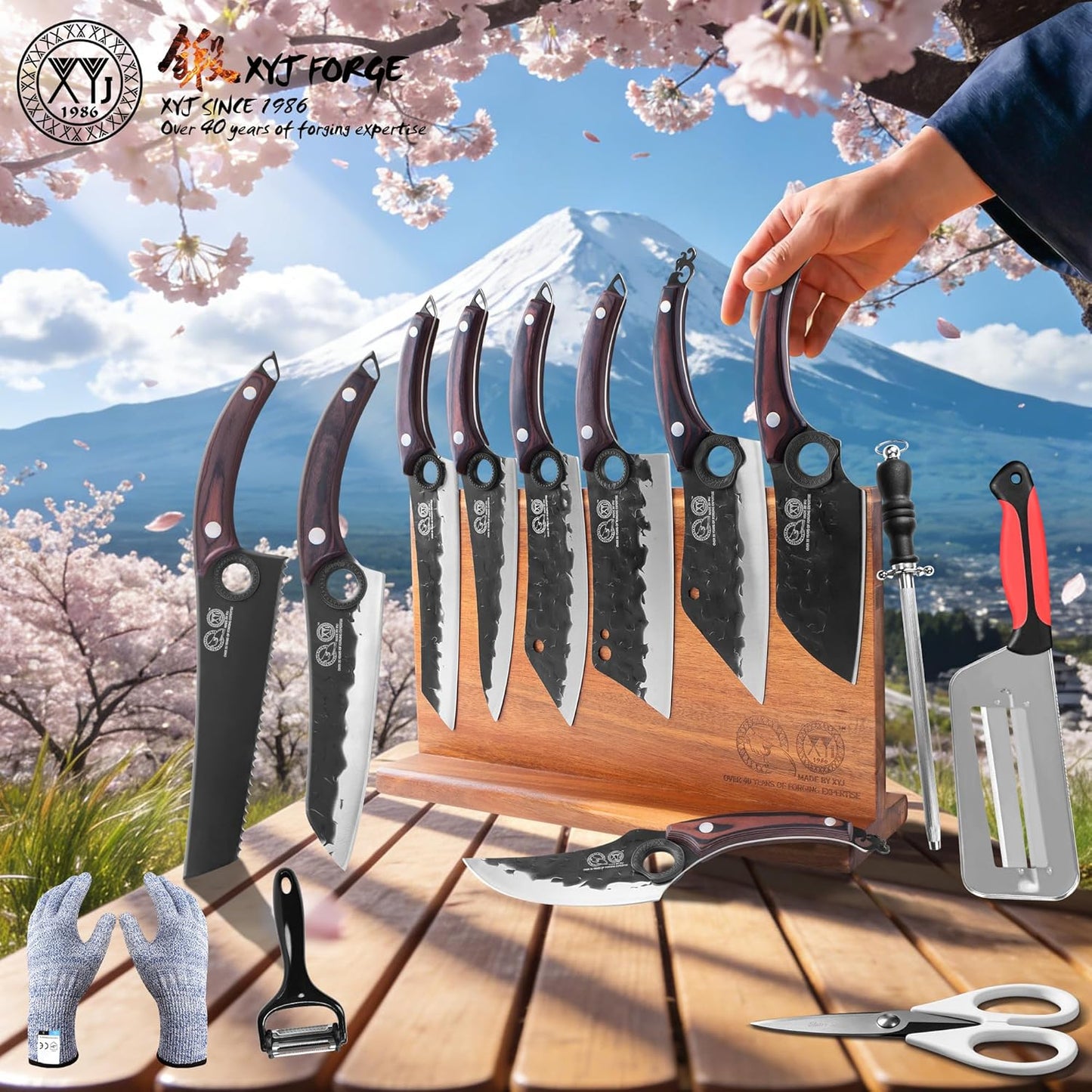 Knife Block Set, Full Tang Knives with Wood Magnetic Knife Block, Scissors, Honing Steel, Gloves, Peeler, Meat Boning Slicing Cooking Bread Vegetable Chef Kitchen Knives