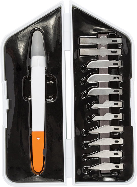 Easy Change Medium Duty Precision Craft Knife Cutting and Carving Set, Softgrip and Ideal for Precise Cutting, Includes 12 blades, Orange/White