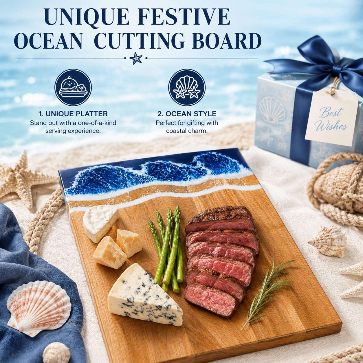 Ocean Charcuterie board: Resin Cutting Board, handmade board for Fruit Cheese and meat, Vegetable, Kitchen, Gift