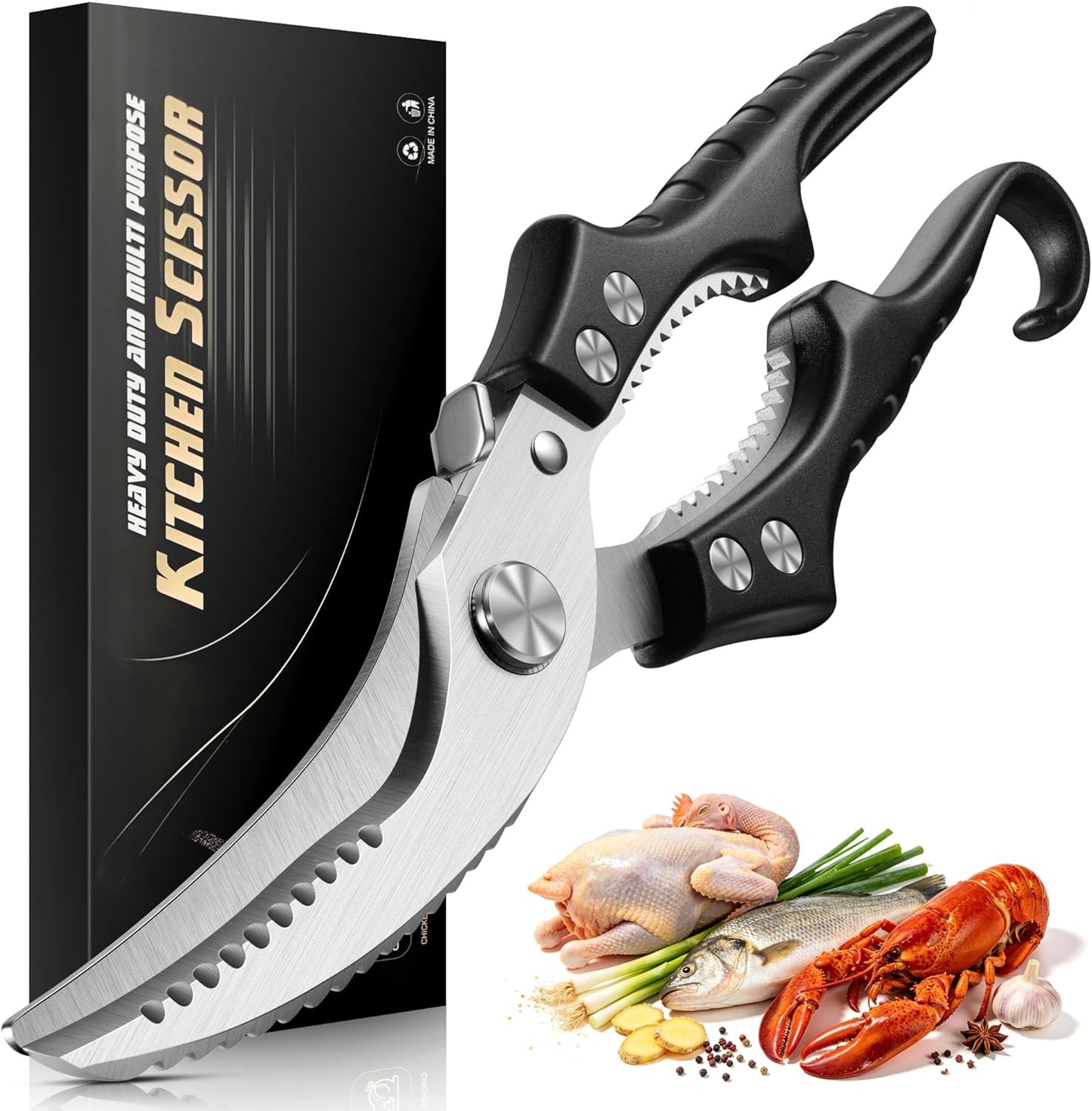 Heavy Duty Poultry Shears, Molybdenum-Vanadium Steel Kitchen Scissors for Chicken Bone and Meat, Ergonomic Non-Slip Handle with Spring Loaded & Safety Lock, Sharp Food Shears for Kitchen