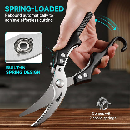 Heavy Duty Poultry Shears, Molybdenum-Vanadium Steel Kitchen Scissors for Chicken Bone and Meat, Ergonomic Non-Slip Handle with Spring Loaded & Safety Lock, Sharp Food Shears for Kitchen