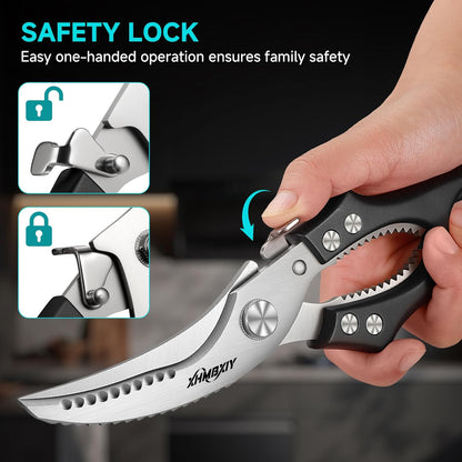 Heavy Duty Poultry Shears, Molybdenum-Vanadium Steel Kitchen Scissors for Chicken Bone and Meat, Ergonomic Non-Slip Handle with Spring Loaded & Safety Lock, Sharp Food Shears for Kitchen