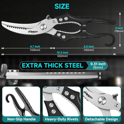 Heavy Duty Poultry Shears, Molybdenum-Vanadium Steel Kitchen Scissors for Chicken Bone and Meat, Ergonomic Non-Slip Handle with Spring Loaded & Safety Lock, Sharp Food Shears for Kitchen