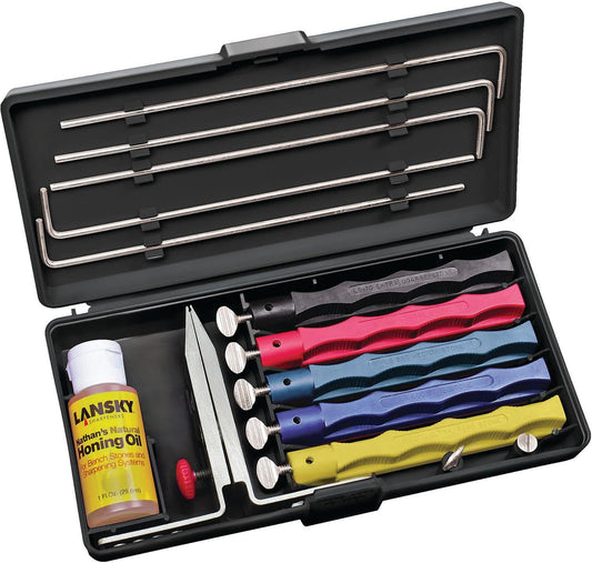 Deluxe Knife Sharpening System: 5-Stone Ceramic Knife Sharpener Kit with Honing Oil - LKCLX | 5 Hones, Multi-Angle Clamp, Guide Rods, Honing Oil, Color-Coded, Finger-Grooved Holders, Case