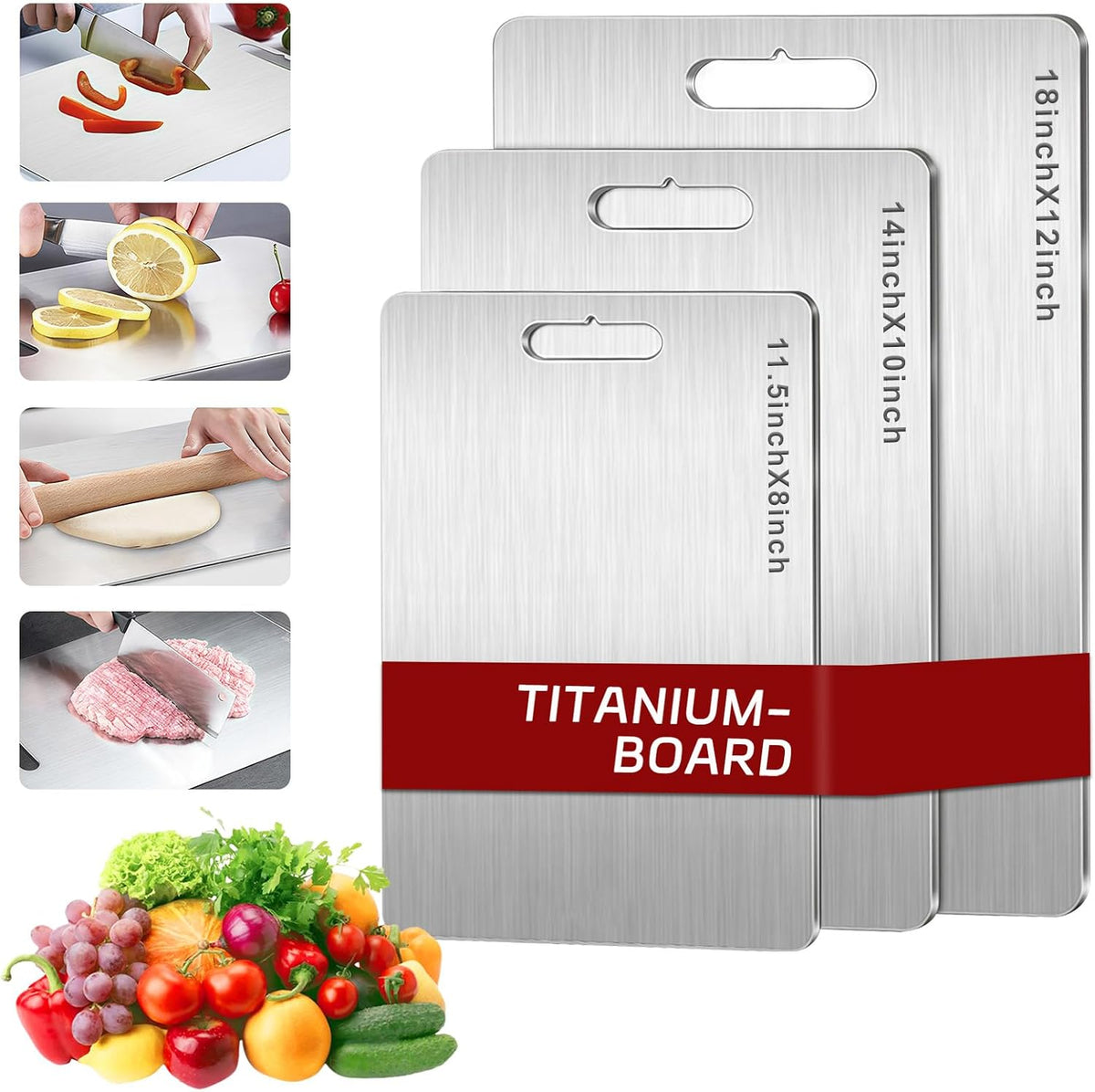 Titanium Cutting Board Set of 3, Upgraded 100% Pure Titanium Cutting Boards for Kitchen, Double Sided Food Grade Non Stick Chopping Cutting Boards for Cutting Meats Fruits Vegetables (3Pcs-S+M+L)