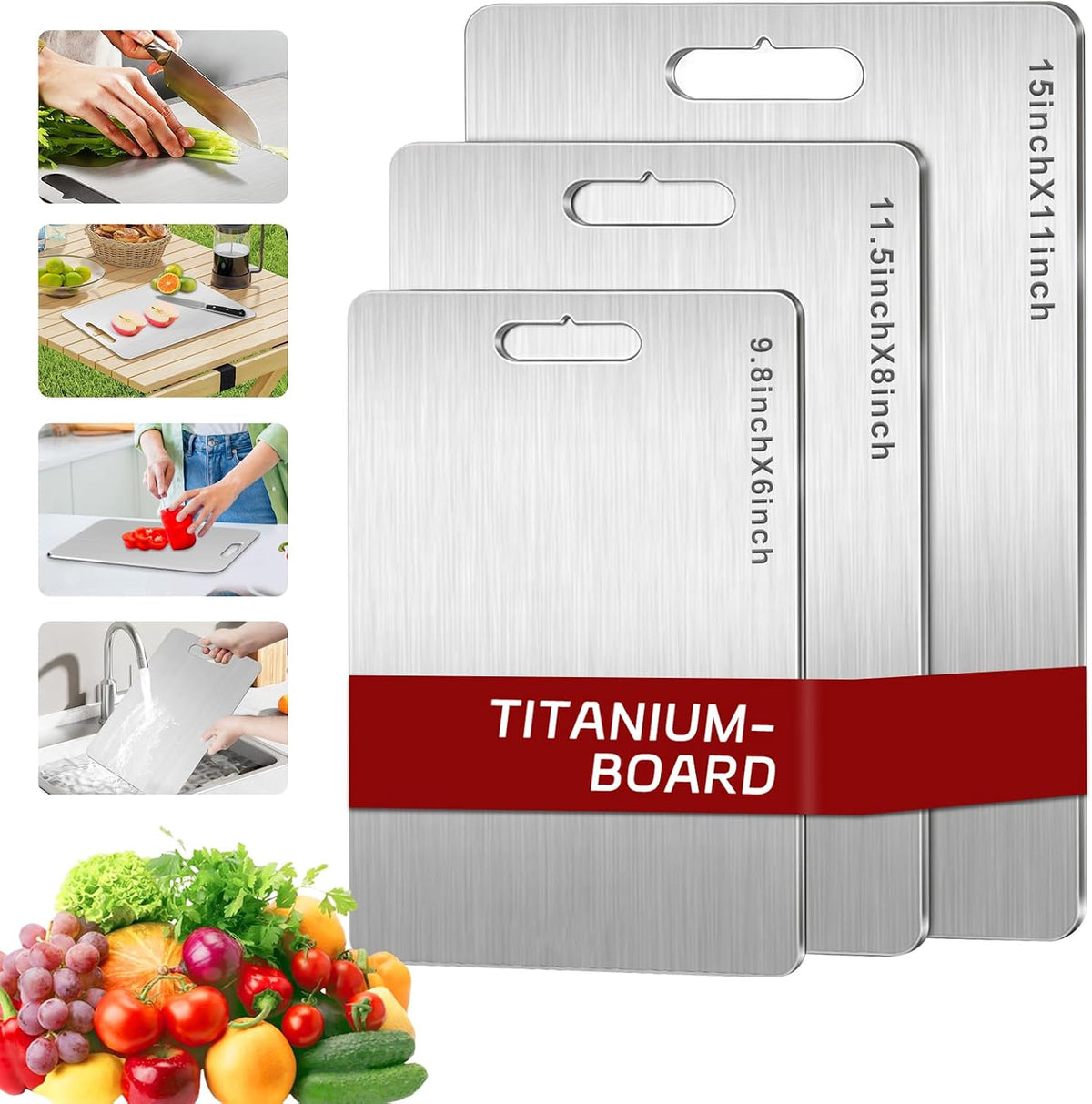 Titanium Cutting Board Set of 3, Upgraded 100% Pure Titanium Cutting Boards for Kitchen, Double Sided Food Grade Non Stick Chopping Cutting Boards for Cutting Meats Fruits Vegetables (3Pcs-S+M+L)