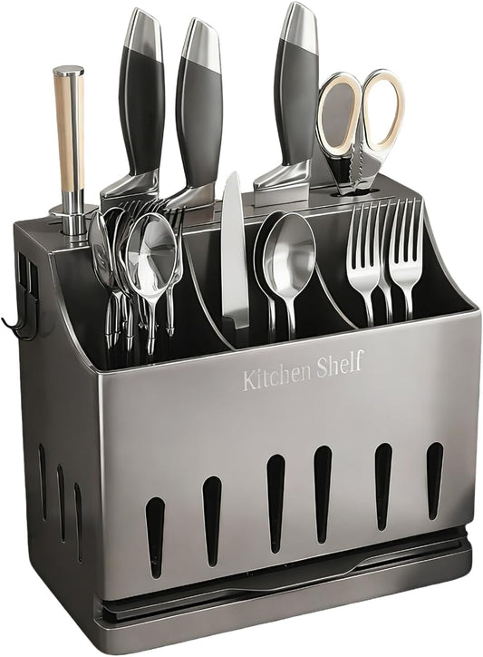 Stainless Steel Universal Knife Holder & Utensil Organizer - Countertop Knife Storage Stand, Detachable Knife Block for Kitchen Counter Knife Storage Rack Organization, Classic Gray Coating