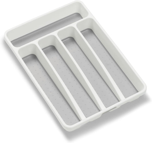 Small Silverware Tray, Compact 5 Compartment Flatware Organizer for Forks, Knives & Spoons, Non Slip, Soft Grip Lining, Fits Small Drawers, White