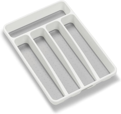 Small Silverware Tray, Compact 5 Compartment Flatware Organizer for Forks, Knives & Spoons, Non Slip, Soft Grip Lining, Fits Small Drawers, White